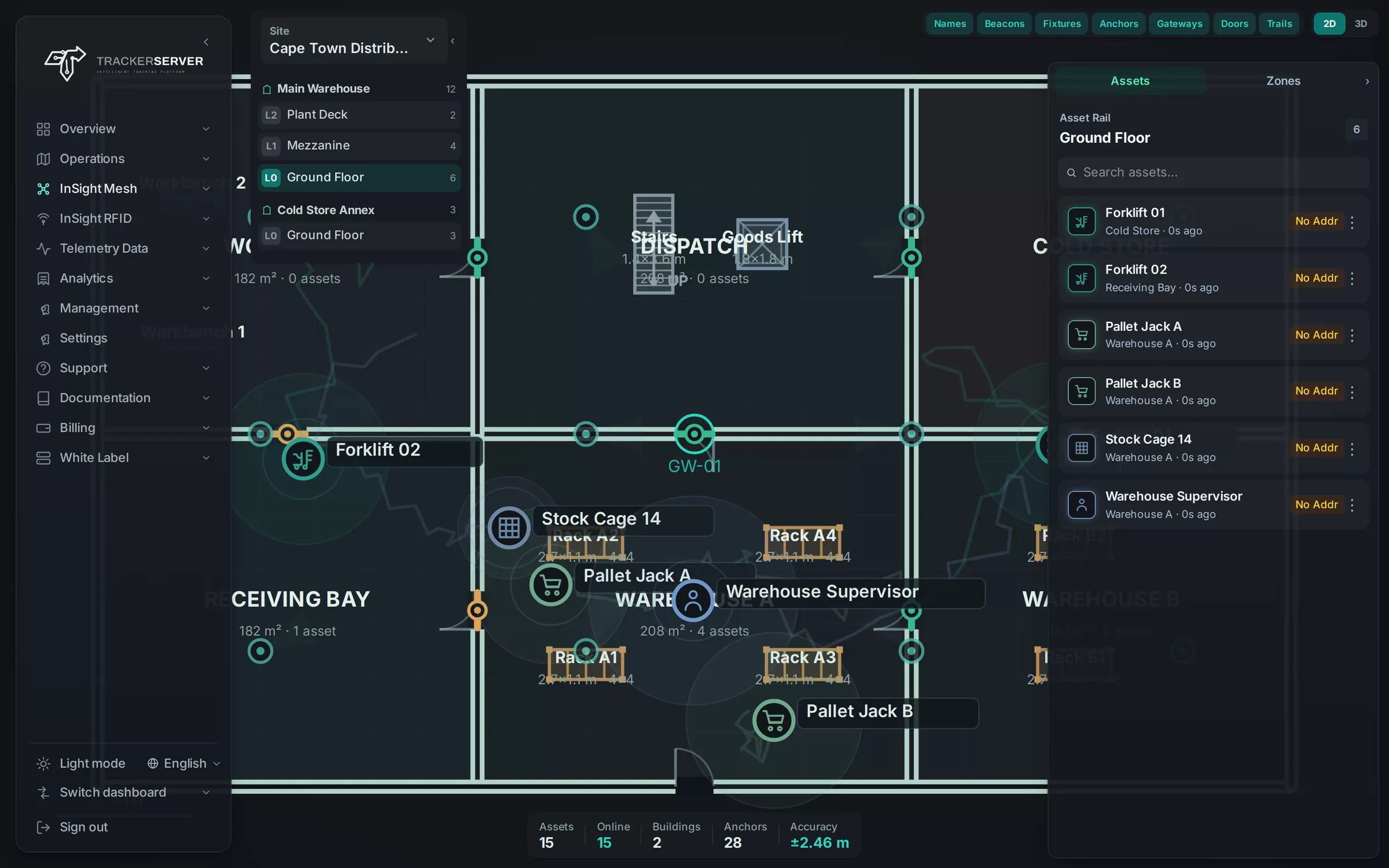 A floor plan with zones and tagged assets
